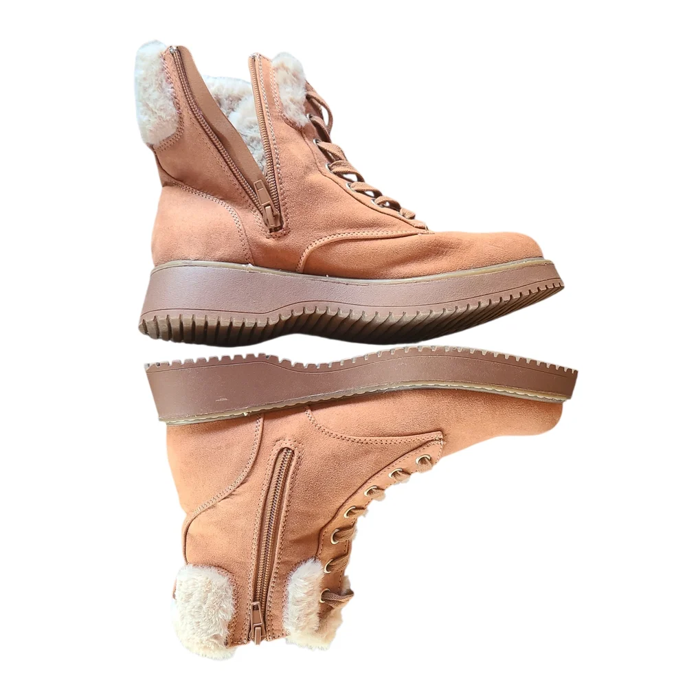 Madden Girl Kymber Ankle Boots Caramel Side Zip Faux Fur Boots Size 8.5